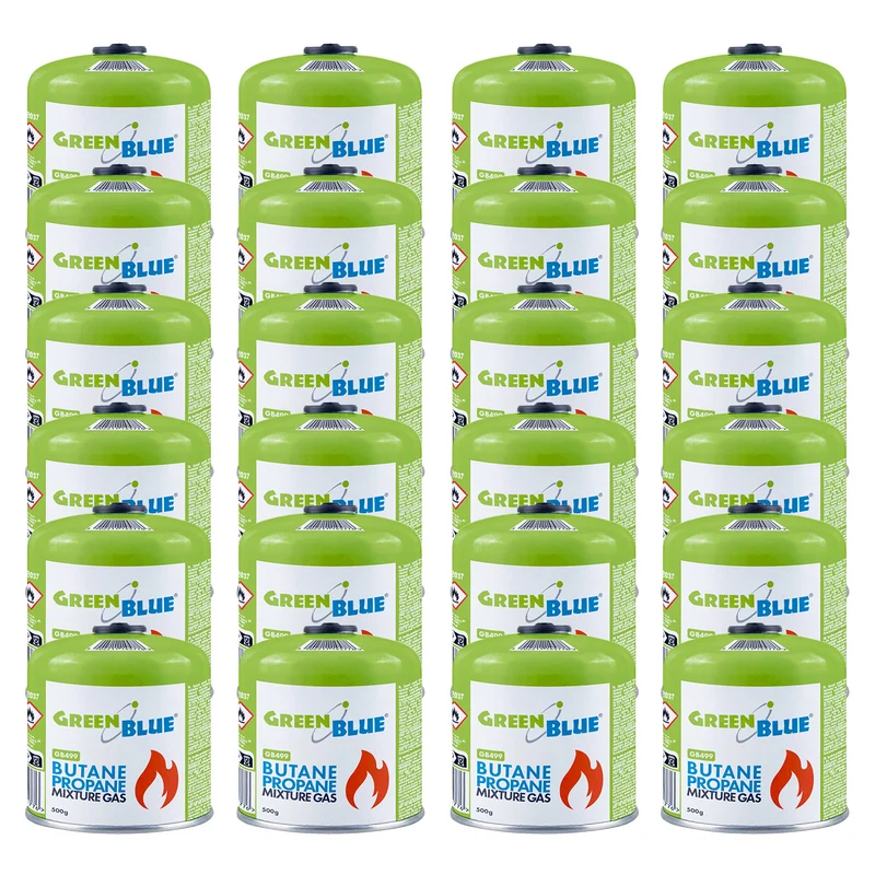 24 Gaspatronen à 500 g GreenBlue. Zertifizierung: Pi 0437, gemäß EN 417, Butan-Propan, Einsatzbereich -10 °C bis +40 °C, Gewindeventil 7/16'' GB499