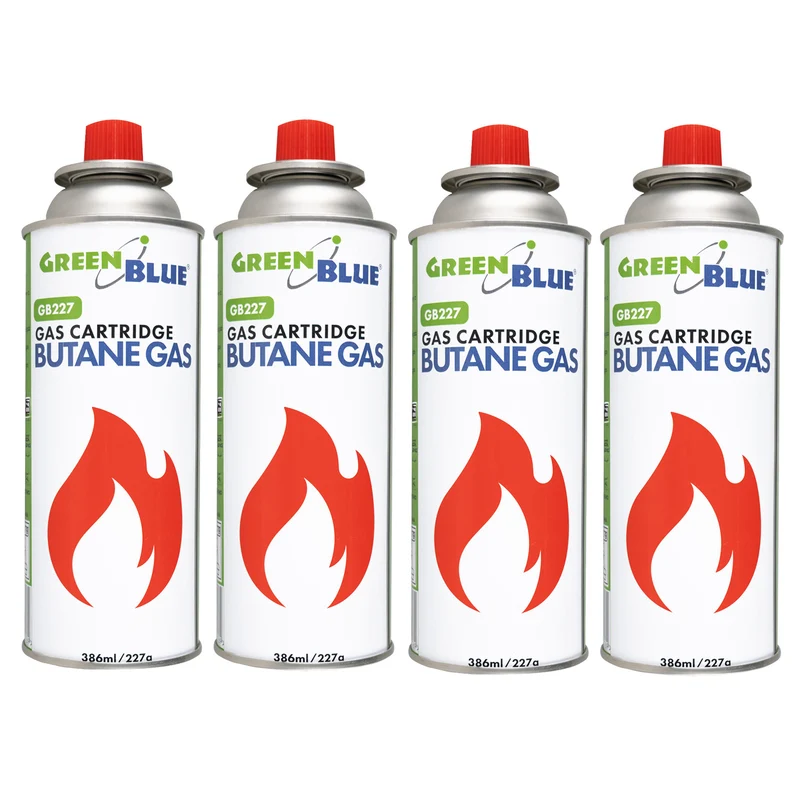 4 Gaspatronen à 227 g von GreenBlue. Zertifikat: Pi 0875, entspricht der Norm EN 417, Butan, Einsatzbereich -10 °C bis +40 °C, GB227