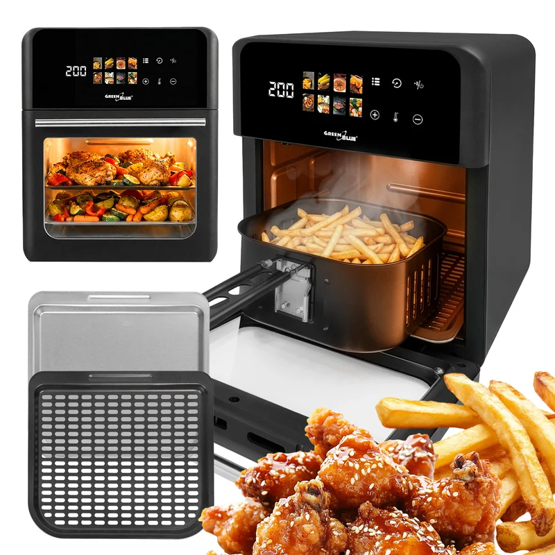 GreenBlue AIR FRYER Heißluftfritteuse, 1800 W, 10 l Fassungsvermögen, 8 Programme, Zubehör, Timer, GB950
