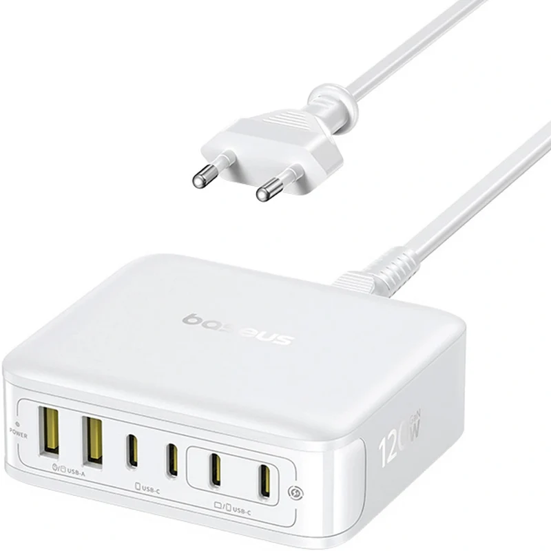 GaN-Ladestation, Tischladegerät 120W, 4x USB-C / 2x USB-A, Baseus EnerFill FH21, Weiß