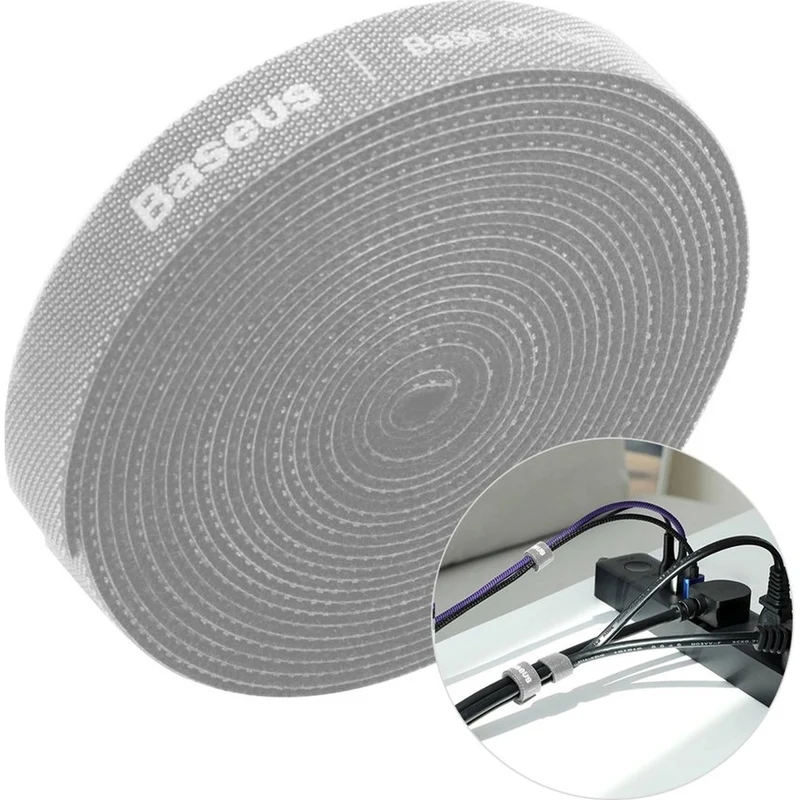 Band / Klettband / Kabelorganisator Baseus Rainbow Circle Velcro, 3 m, Grau