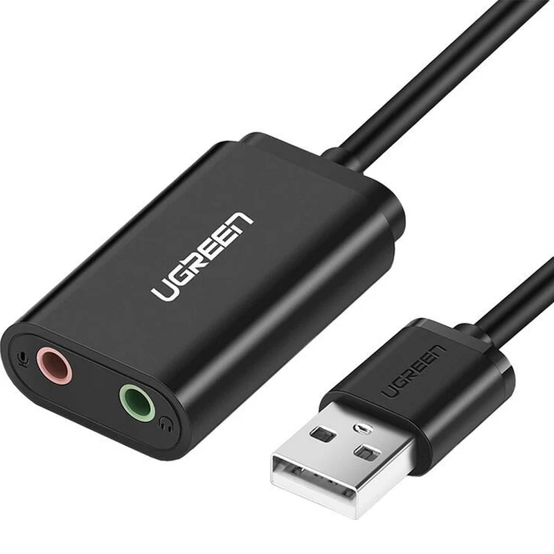 USB-A-Soundkarte / Audioadapter für 2x 3,5-mm-Klinkenstecker, Ugreen US205, 15 cm, Schwarz