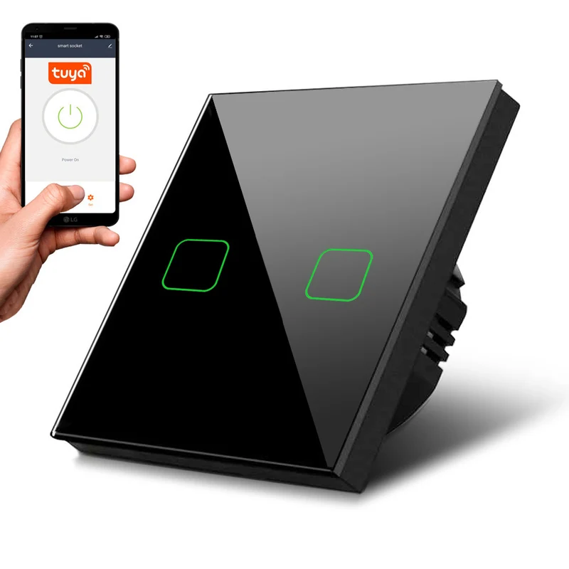 Touch Lichtschalter Kompatibel mit Tuya APP Wandschalter Glas Schalter mit Farbwechsel LED Hintergrundbeleuchtung Einbauschalter 85x85mm (2-Fach Eckig, Schwarz)Smart WiFi 2-Fach