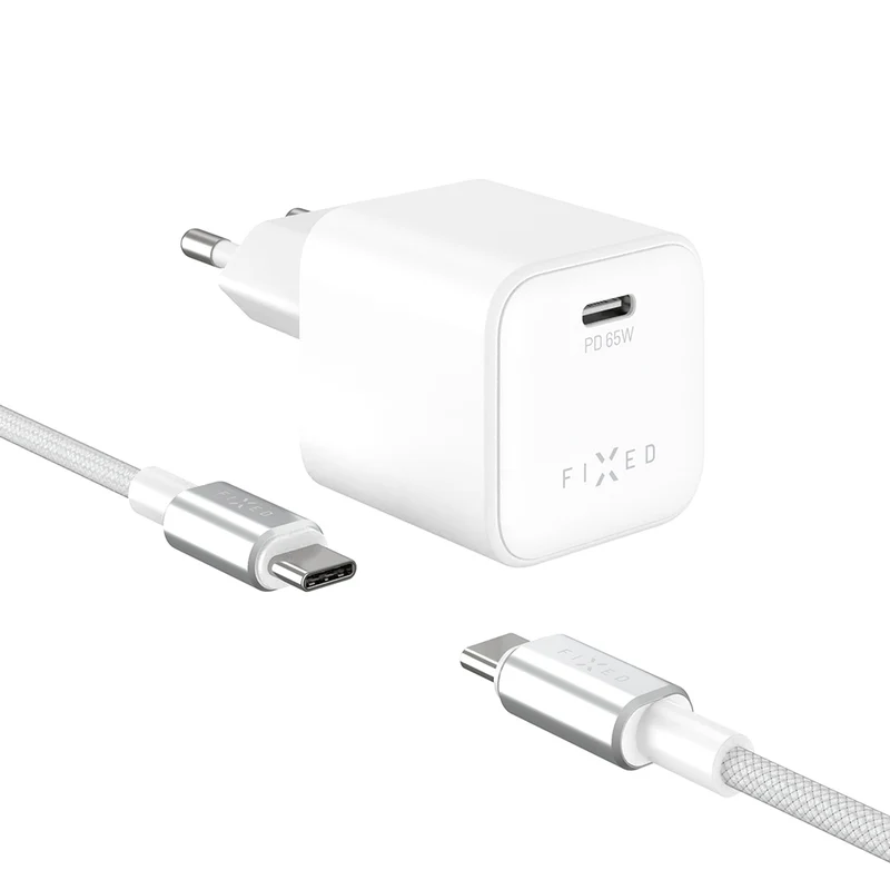 Netzladegerät GaN USB-C mit PD 3.0 und PPS, 65W, Fixed Mini, inkl. 2m USB-C Kabel, Weiß