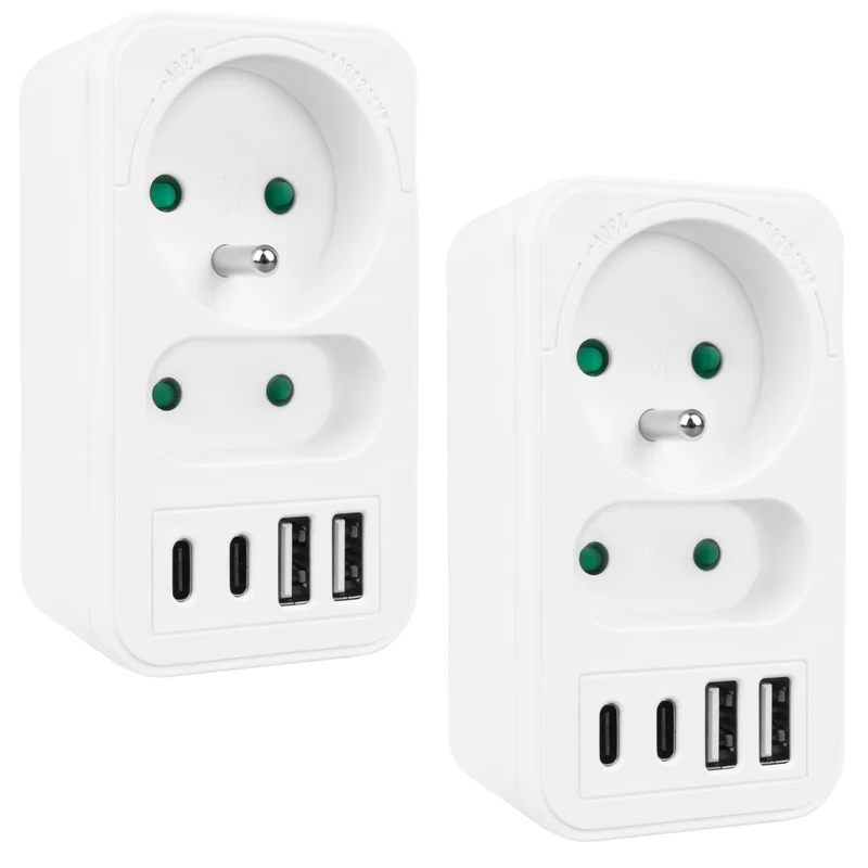 Maclean Stromsteckdose x2 + 4xUSB, Splitter mit 2 Steckdosen, 2xUSB A, 2xUSB C PD 20W, 1x16A + 1x6A, MCE249 F/W, 2 Stück