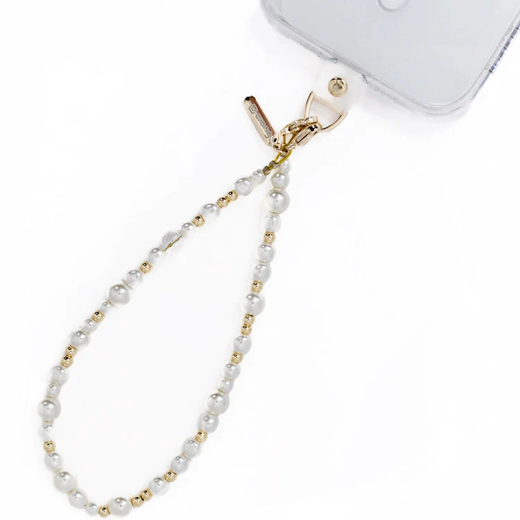 Universal-Handyband für das Handgelenk, Crong Phone Charm, weiße und goldene Perlen