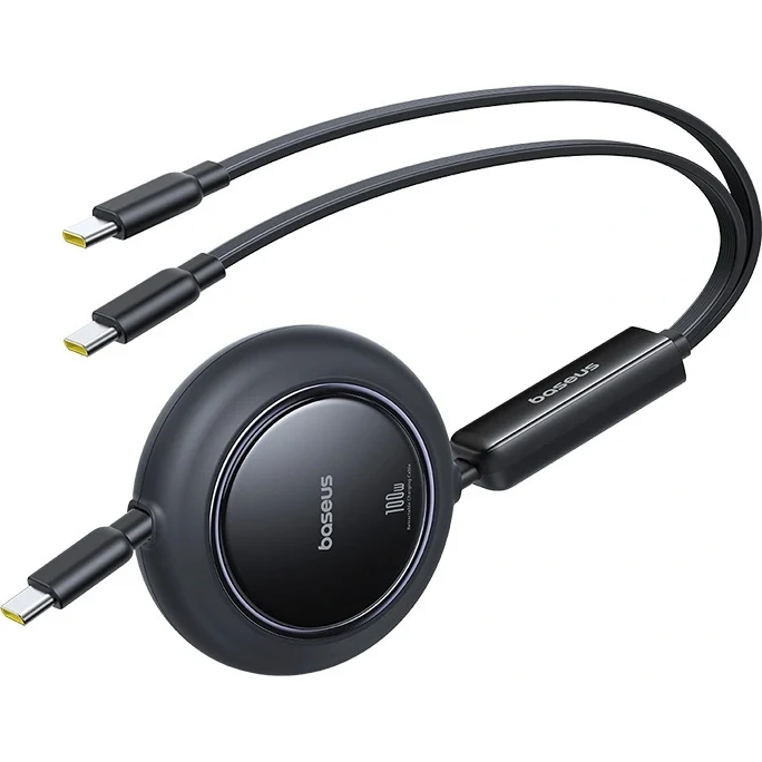 Aufrollbares Kabel, Baseus Free2Pull USB-C - 2x USB-C, 100 W PD, 1.2 m, Schwarz