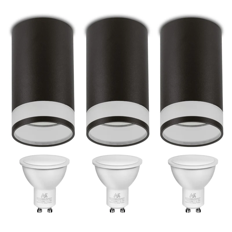 Maclean Anbauleuchte/Rohr, Spot, rund, Aluminium, GU10, 55x130mm, Farbe schwarz, MCE361 B 3Stk + LED-Leuchtmittel GU10 7W Maclean Energy MCE437 WW warmweiß 3000K, 220-240V~, 50/60Hz, 490lm, 3Stk