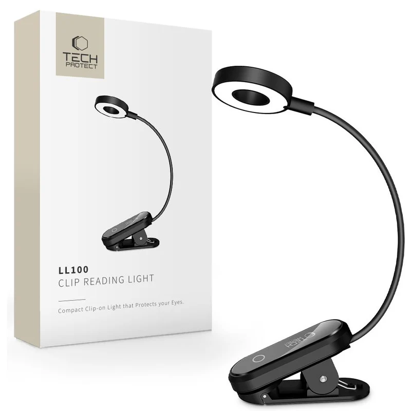 LED Clip Lampe mit Akku, Tech-Protect LL100 Clip Reading Light, 300 mAh, 3000K/ 4500K/ 6000K, Schwarz