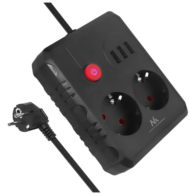 Maclean Steckdosenleiste, 2-Steckdosen-Verlängerungskabel + 3xUSB, 110-240V AC 50/60Hz, 2,1A max 2500W, 1,5m, schwarz, MCE387 B
