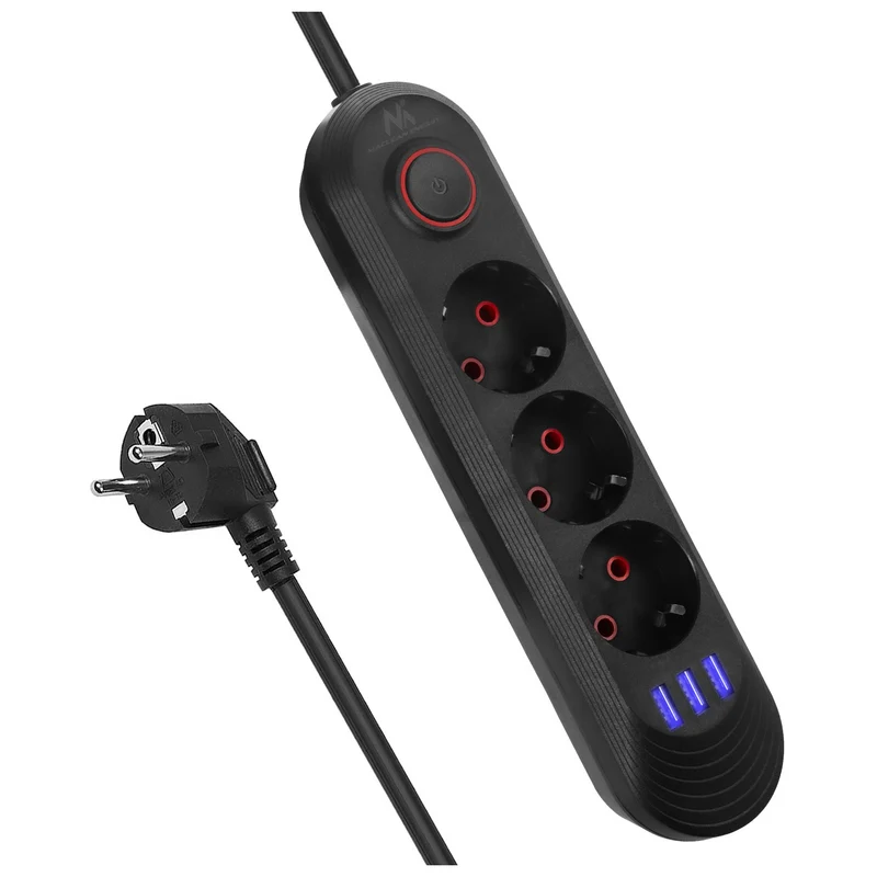 Maclean Steckdosenleiste, 3-Steckdosen-Verlängerungskabel + 3xUSB, 110-240V AC 50/60Hz, 2,1A max 2500W, 1,5m, schwarz, MCE394 B