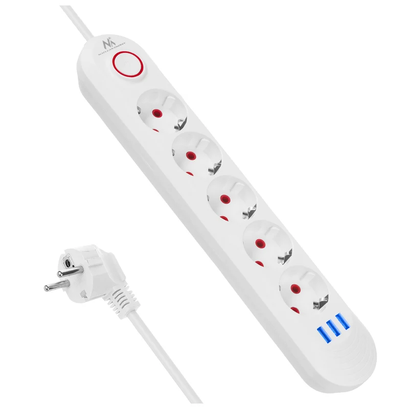 Maclean Steckdosenleiste, 5 Steckdosen-Verlängerungskabel + 3xUSB, 110-240V AC 50/60Hz, 2,1A max 2500W, 1,5m, weiß, MCE395 W