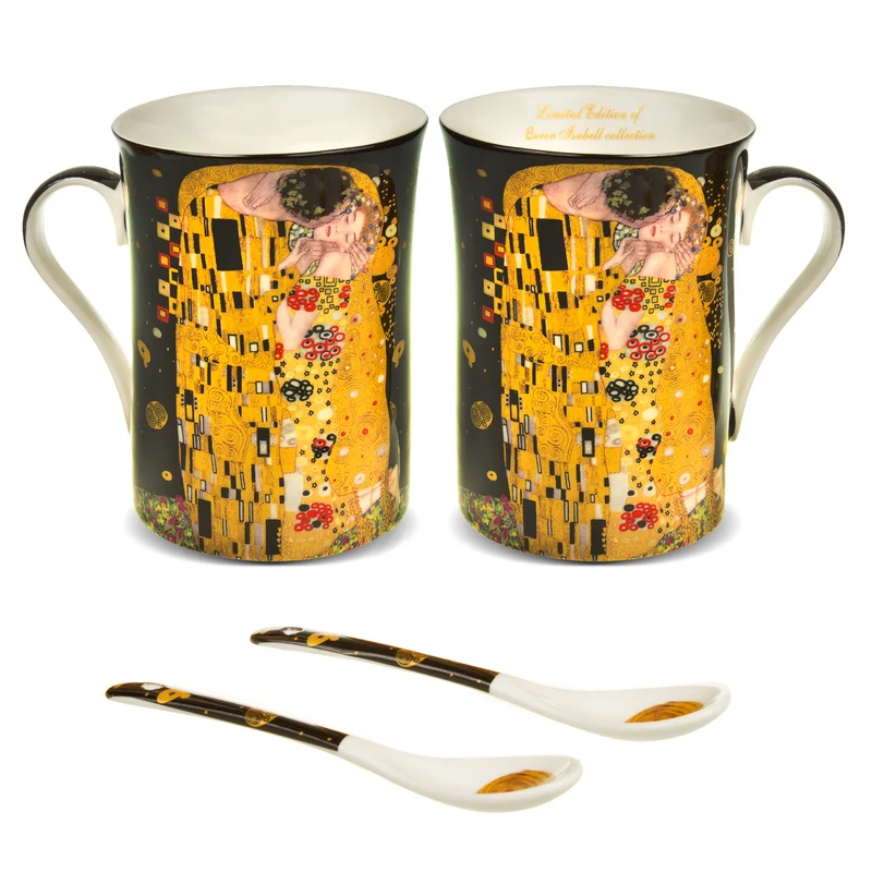 Kaffeebecher Becher mit Löffel "Kuss" Gustav Klimt Geschenkidee Porzellan