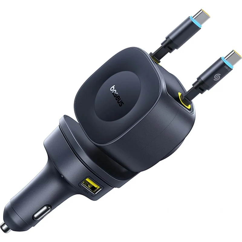 Autoladegerät USB-A, USB-C mit ausziehbarem Kabeln USB-C, Baseus PrimeTrip VR2 Max, 60W, QC, PD, Huawei SCP, Schwarz