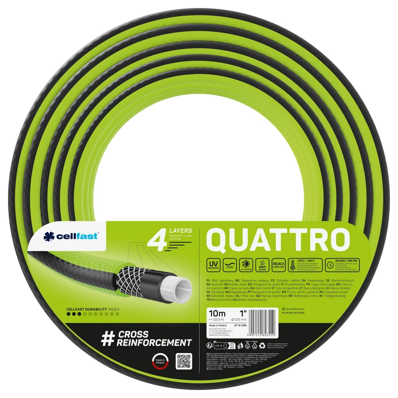 Cellfast Gartenschlauch, 1'', 10m, 4-lagig, gekreuzt geflochten, Quattro