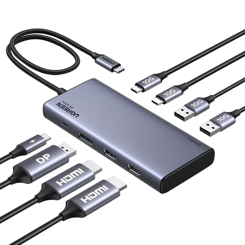HUB 8in1, 2x HDMI 4K/60Hz, 1x DP 4K/60Hz, 2x USB-A, 3x USB-C, PD 100W, 10 Gb/s, Ugreen CM639, Schwarz-Silbern