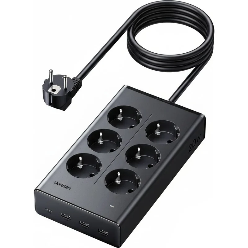 Steckdosenleiste / Verlängerungskabel GaN USB 20W / AC 3680W, 3x USB-A 15W, 1x USB-C PD 20W, 6x AC EU, Ugreen S622, Schwarz