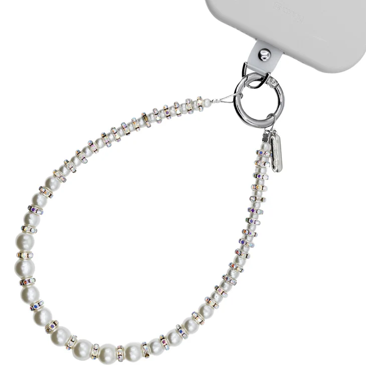 Universal-Handyband für das Handgelenk, Crong Phone Charm, silberfarben mit weißen Perlen