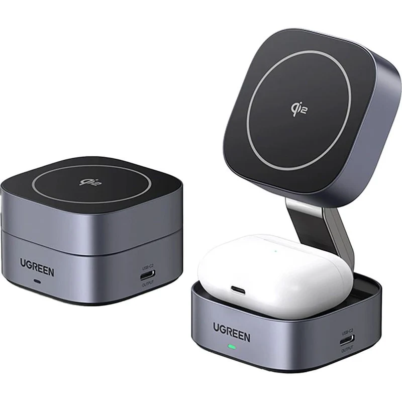 Faltbares induktives Ladegerät, Reise 2-in-1 15W mit MagSafe, Qi2, USB-C, Ugreen W702, Grau