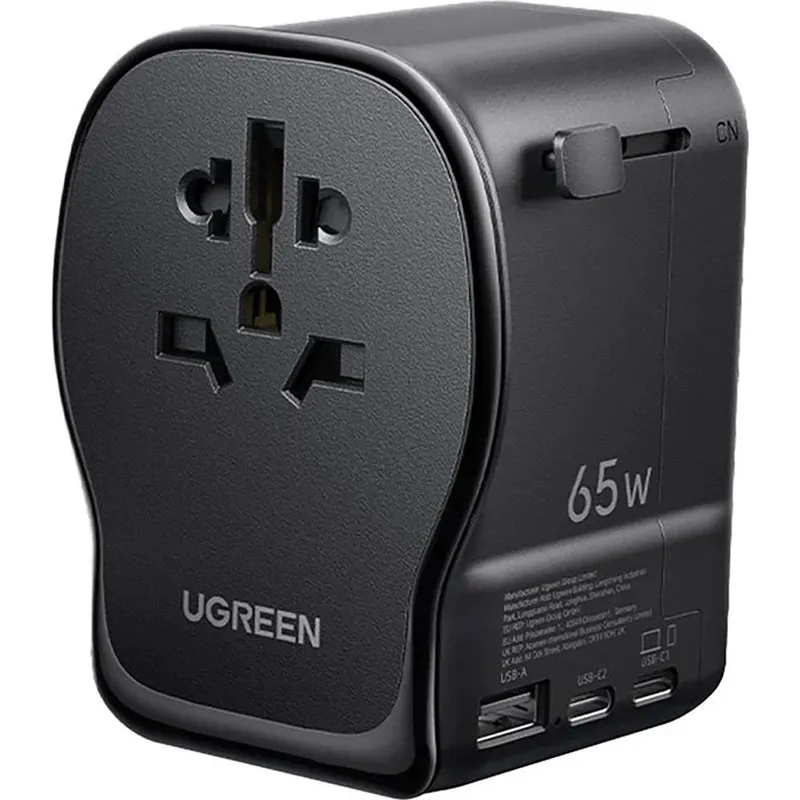 Reiseadapter / Wandladegerät GaN 65W für CN, US, JP, EU, UK, AU, 2x USB-C und 1x USB-A, PD 3.0, QC 4.0, PPS, Ugreen S550, Schwarz