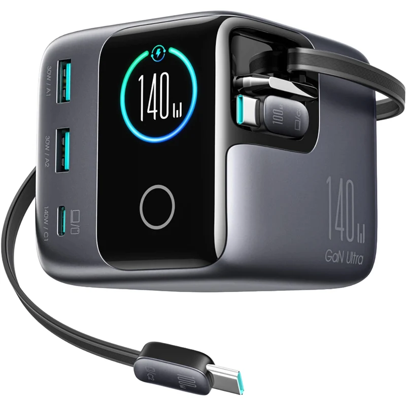 Ladestation GaN mit 140W, 3x USB-C PD 3.1 und 2x USB-A QC 3.0, JoyRoom Podix JR-TRD01, mit LCD-Display, Grau