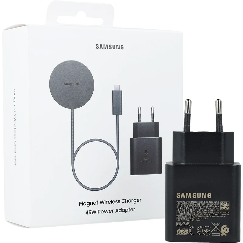 Induktionsladegerät mit Qi2.2 25W + Netzladegerät 45W, Samsung Magnet Wireless Charger, für MagSafe / MPP, USB-C Nylonkabel, Schwarz