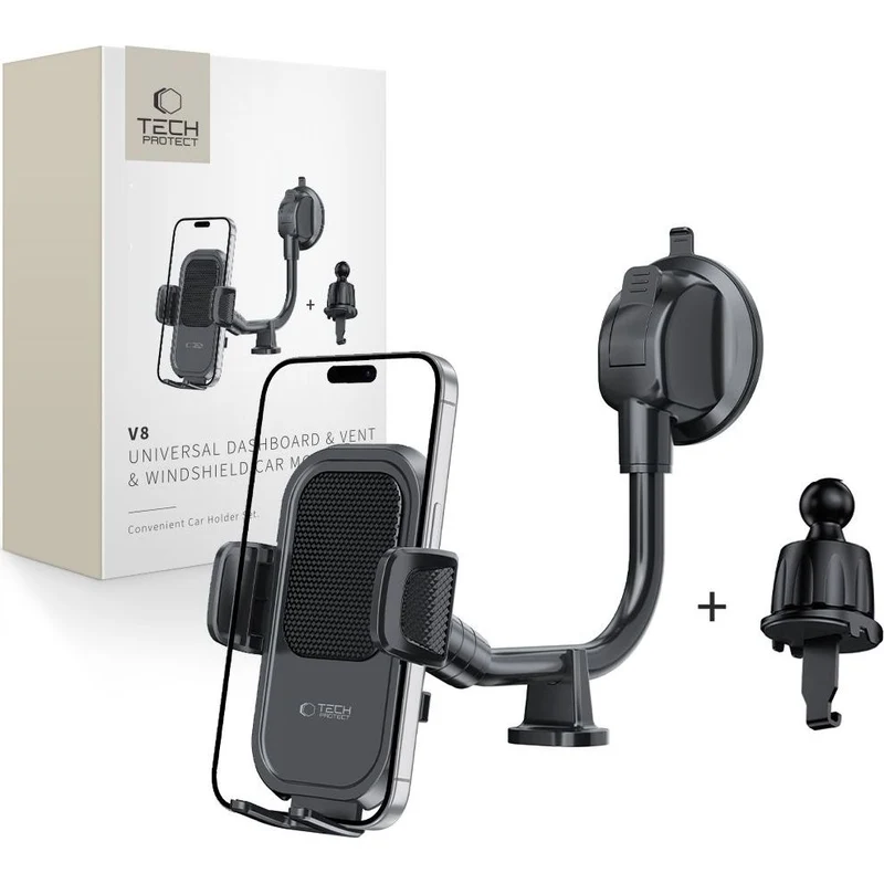 Autohalterung für Armaturenbrett / Windschutzscheibe / Lüftungsgitter, Tech-Protect V8 Universal Long Arm, Schwarz