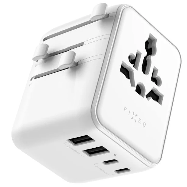 Reiseadapter / Steckeradapter Fixed Voyager 70 W für EU, UK, USA, AUS, 3x USB-C und 2x USB-A, GaN, PD 3.0, Weiß