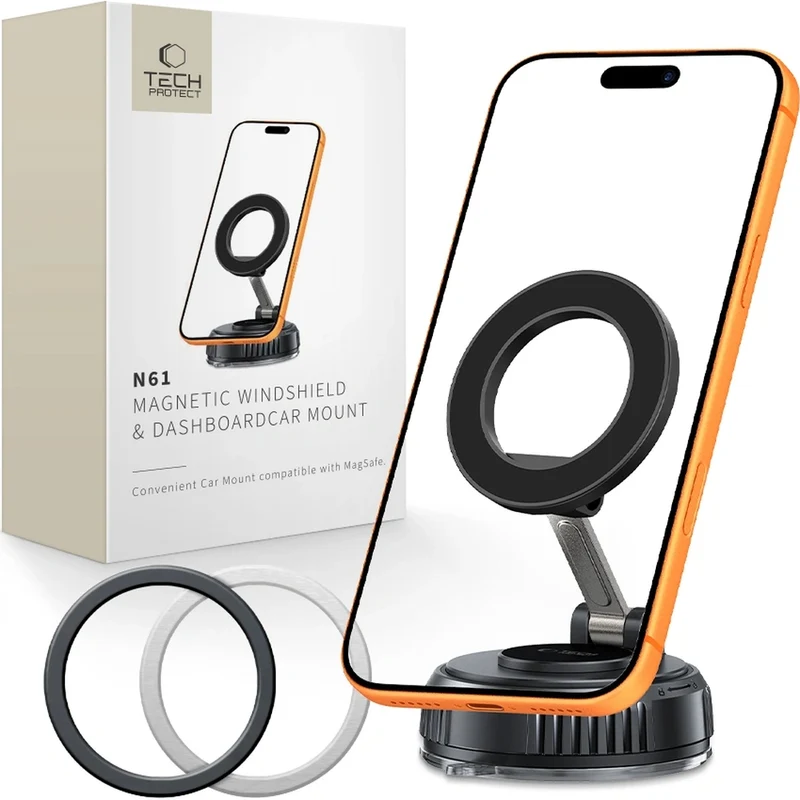 Magnetischer Autohalter für Windschutzscheibe/Armaturenbrett für MagSafe Tech-Protect N61, Schwarz