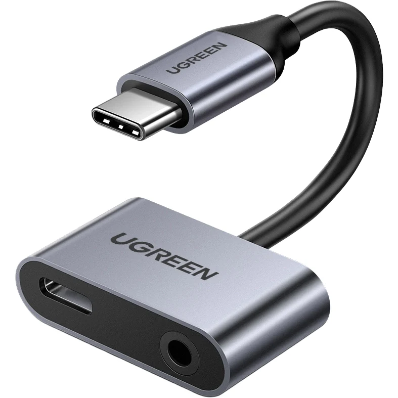 Adapter Audio USB-C (Stecker) auf 3.5 mm Klinke und USB-C (Buchse), Ugreen CM193, Grau