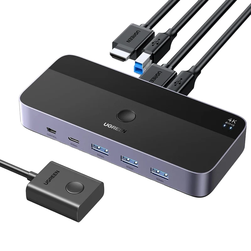 KVM Switch mit Geräteschalter, 3x HDMI 4K 60Hz, 3x USB-A 5Gb/s, 2x USB-C, Ugreen KVM CM664 inkl. HDMI und USB-Kabel, Schwarz-Silber