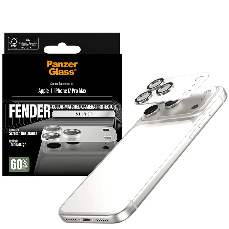 Gehärtetes Glas für die Kamera PanzerGlass Fender Camera Protector für iPhone 17 Pro Max, Silbern