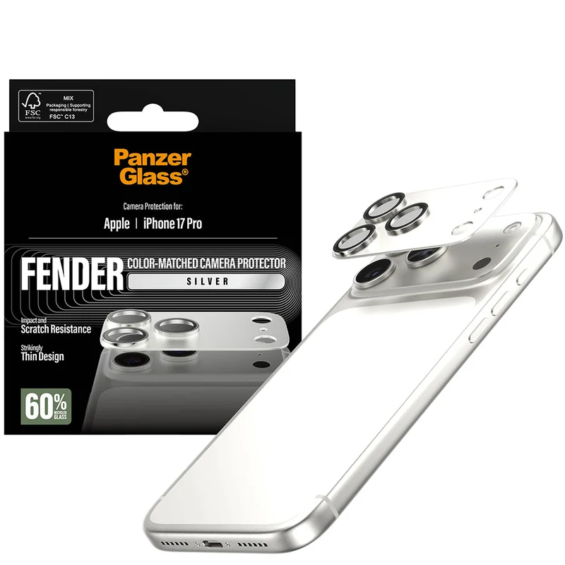 Gehärtetes Glas für die Kamera PanzerGlass Fender Camera Protector für iPhone 17 Pro, Silbern