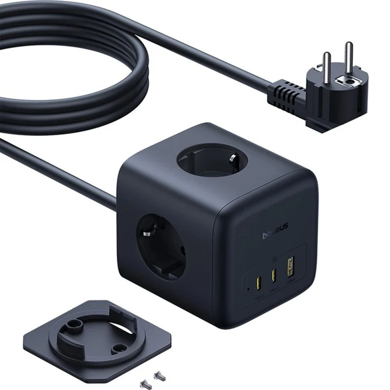Steckdosenleiste / Verlängerungskabel 3x AC EU Schuko, 1x USB-A, 2x USB-C 67W, mit 1,5 m Kabel, Baseus EnerFill FA11, Schwarz