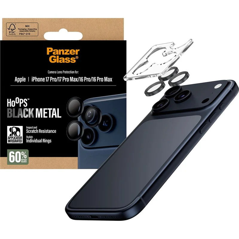 Gehärtetes Glas mit Applikator für iPhone 17 Pro Max / 17 Pro / 16 Pro Max / 16 Pro, PanzerGlass Hoops Camera, Transparent und Schwarz