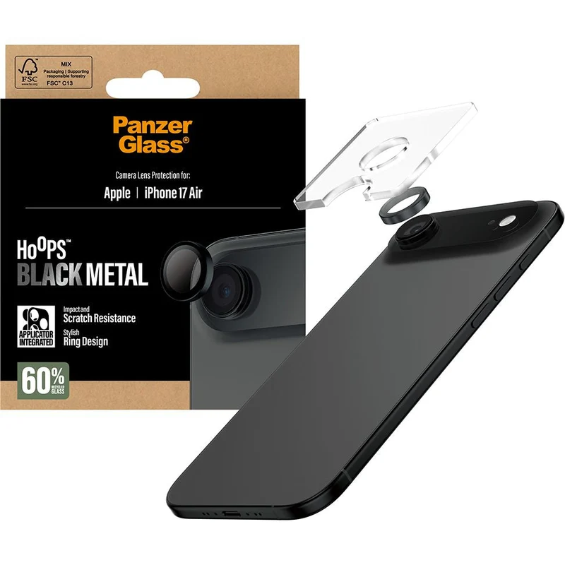 Gehärtetes Glas mit Applikator für iPhone Air, PanzerGlass Hoops Camera, Transparent und Schwarz