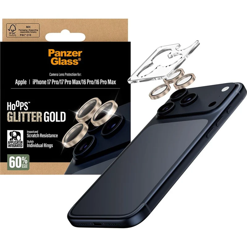 Gehärtetes Glas für iPhone 17 Pro Max / 17 Pro / 16 Pro Max / 16 Pro, PanzerGlass Hoops Glitter Gold Camera Lens Protector, Transparent und Gold