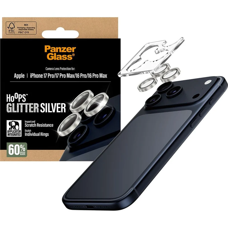 Gehärtetes Glas für iPhone 17 Pro Max / 17 Pro / 16 Pro Max / 16 Pro, PanzerGlass Hoops Glitter Silver Camera Lens Protector, Transparent und Silbern
