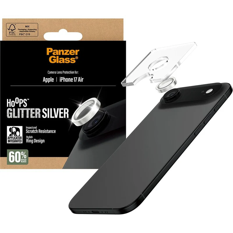 Gehärtetes Glas für iPhone Air, PanzerGlass Hoops Glitter Silver Camera Lens Protector, Transparent und Silbern