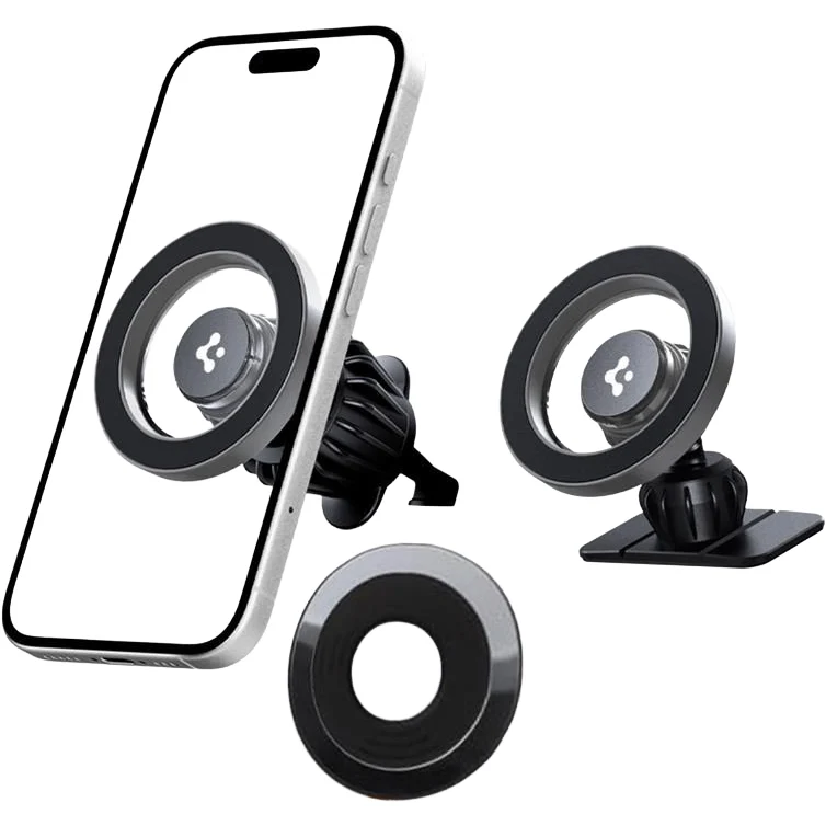 Magnetische Autohalterung für Handy zur Befestigung am Armaturenbrett oder Lüftungsgitter für MagSafe Spigen MFT13 Magnetic Car Mount mit Magnetplatte, Grau-Schwarz