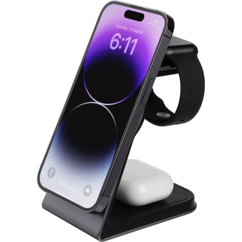Induktives Ladegerät 3in1, Qi, 15W, mit MagSafe, Fixed MagPowerstation Alu für iPhone / Apple Watch / AirPods, Schwarz