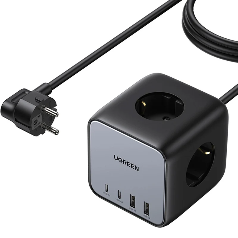 Steckdosenleiste/Verlängerungskabel USB 65W / AC 3680W, 2x USB-A, 2x USB Typ C, 3x Schuko (F), Ugreen CD268, Schwarz