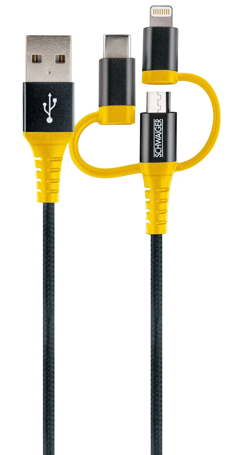 3in1-Kabel USB-C/Lightning/Micro-USB extrem reißfest 1,2 m