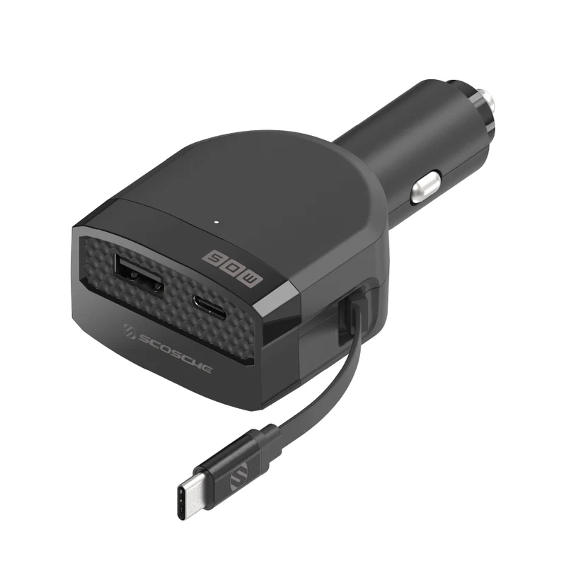 PowerVolt 50W Retractable USB-C Cable Car Charger, 3-Port