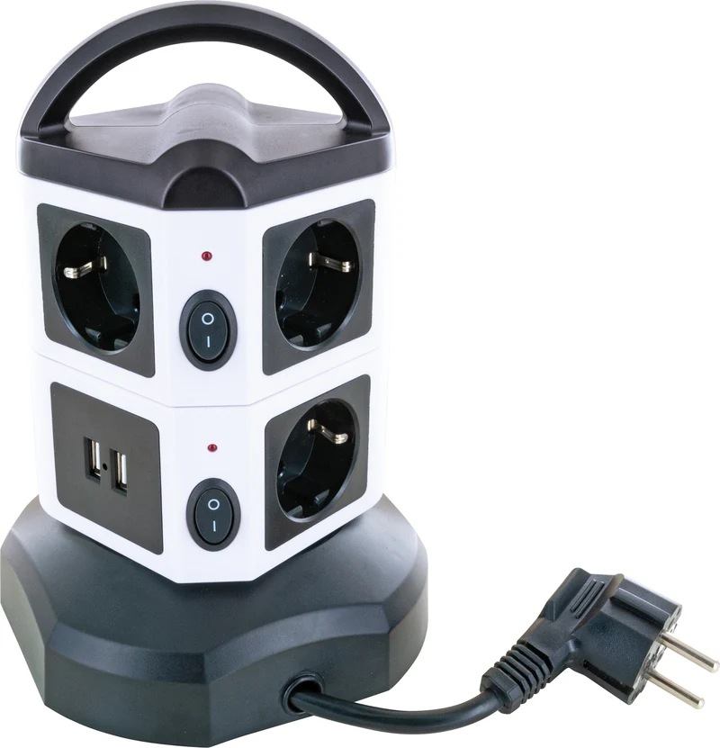 Steckdosentower 7-fach 2 USB-A Anschlüsse Kabel ausziehbar drehbar