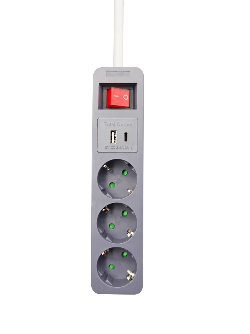 Steckdosenleiste 3-fach mit beleuchtetem Schalter - zusätzliche USB A & USB Type-C Buchse - 3400 mA - 16A - 3680W - 140cm - weiß/grau