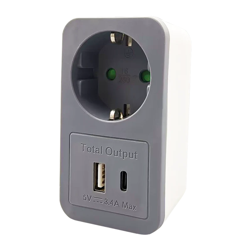 Steckdosenadapter - mit zusätzlicher USB A & USB Type-C Buchse - 3400 mA - max 16A - weiß/grau