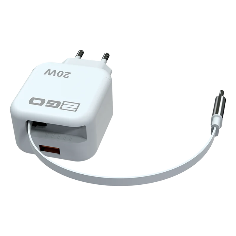 Schnell-Ladegerät 100V-240V - mit Aufrollautomatik - USB Type-C - 3000mA / 20W - weiß