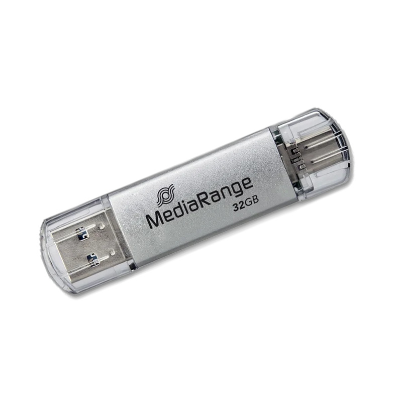 MediaRange USB 3.2 Gen 1 Combo Flash-Speicherstick mit USB-A und USB-C, mit Schutzkappen, Silber