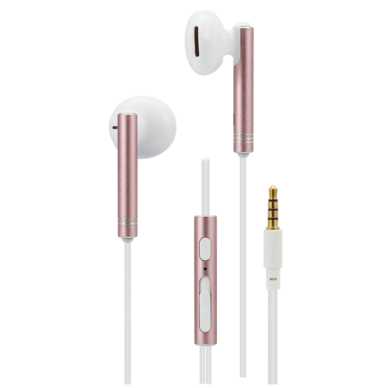 In-Ear Stereo-Headset "Deluxe" - Aluminium - Rufannahme - Lautstärkeregelung - Klinkenstecker - weiß / rosa